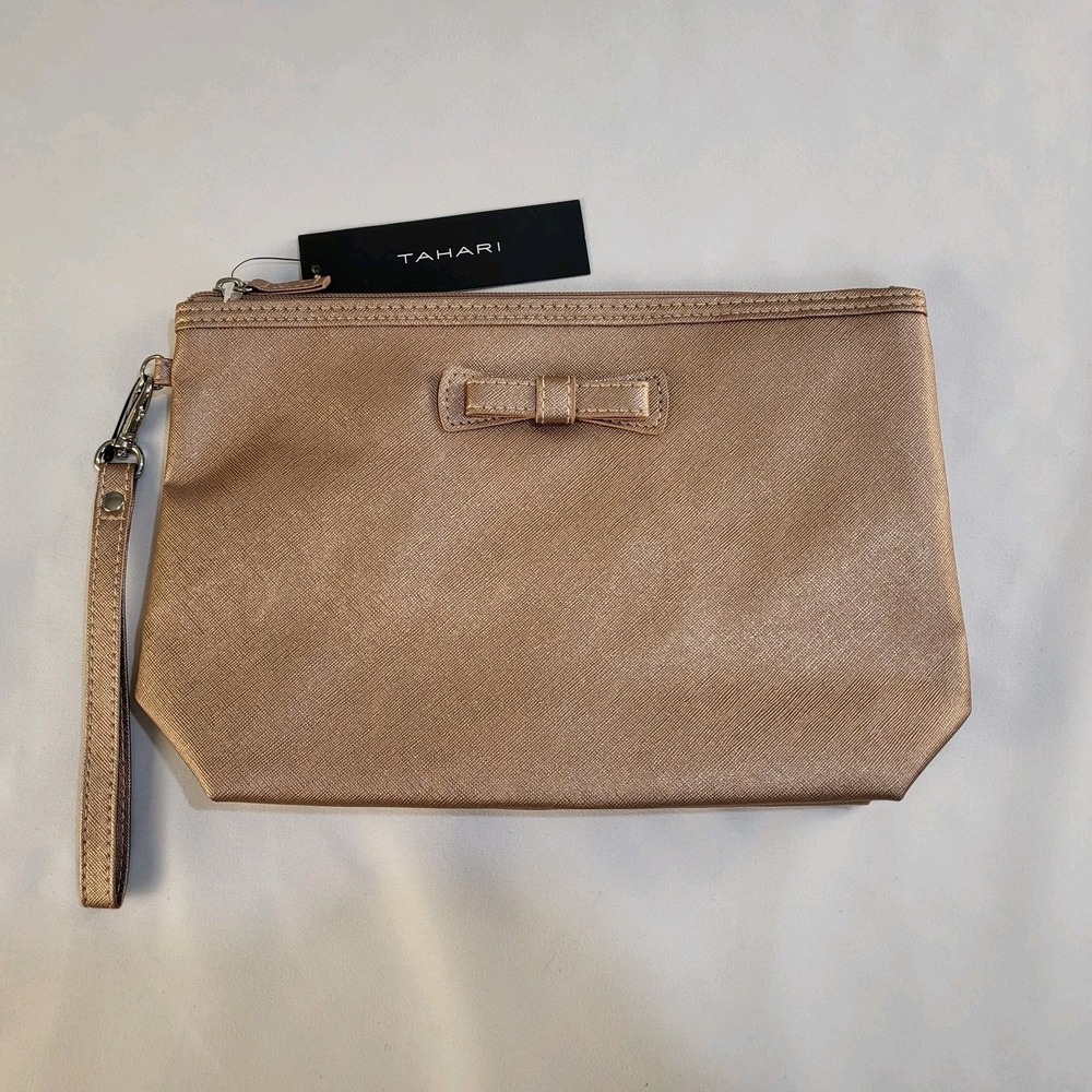 New Tahari Wristlet Bag Purse Rose Gold 11"x 7" Makeup Bag